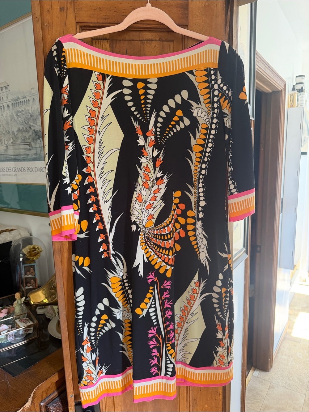 Ali Ro Black Dress with Orange, Pink & Cream Abstract Print